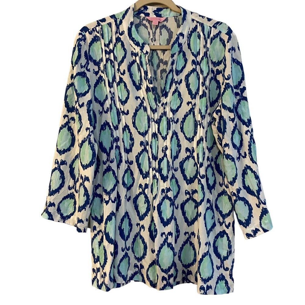 Lilly Pulitzer Tunic Top Large Blue White Green 3/4 Sleeve Cotton Spring Summer